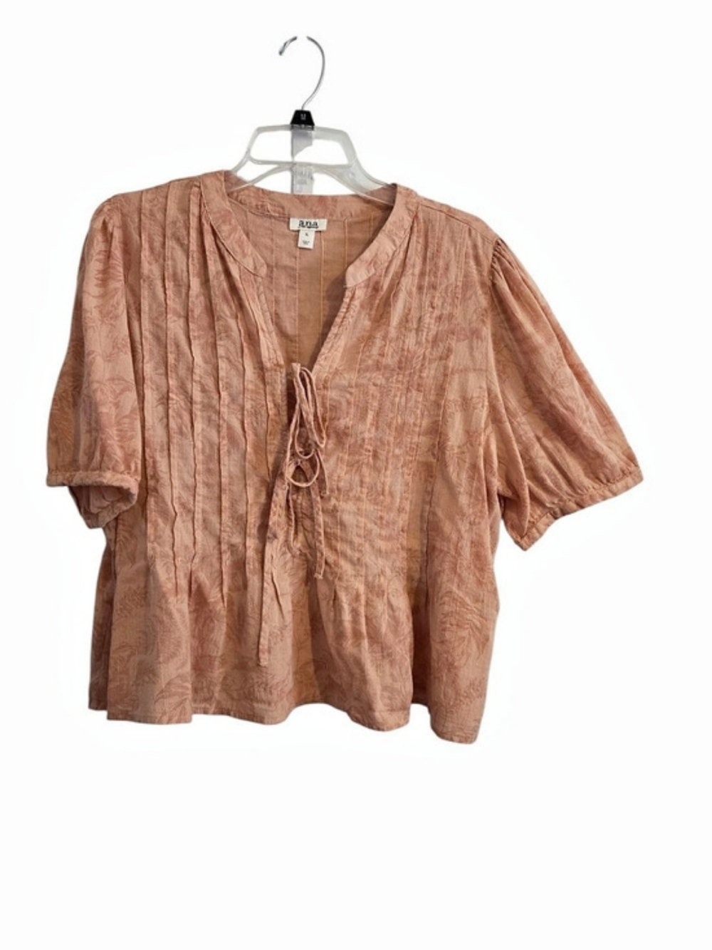 ana A New Approach Cotton Blouse Size XL Peach Boho Peasant Pleated Tie Front